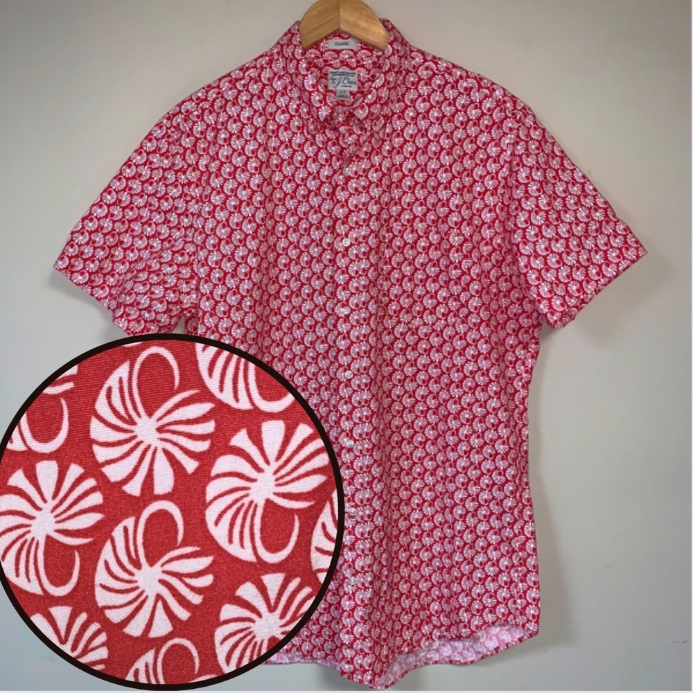 J CREW Organic Cotton Shirt Mens Large Sea Shell Beach Button Down Casual Summer